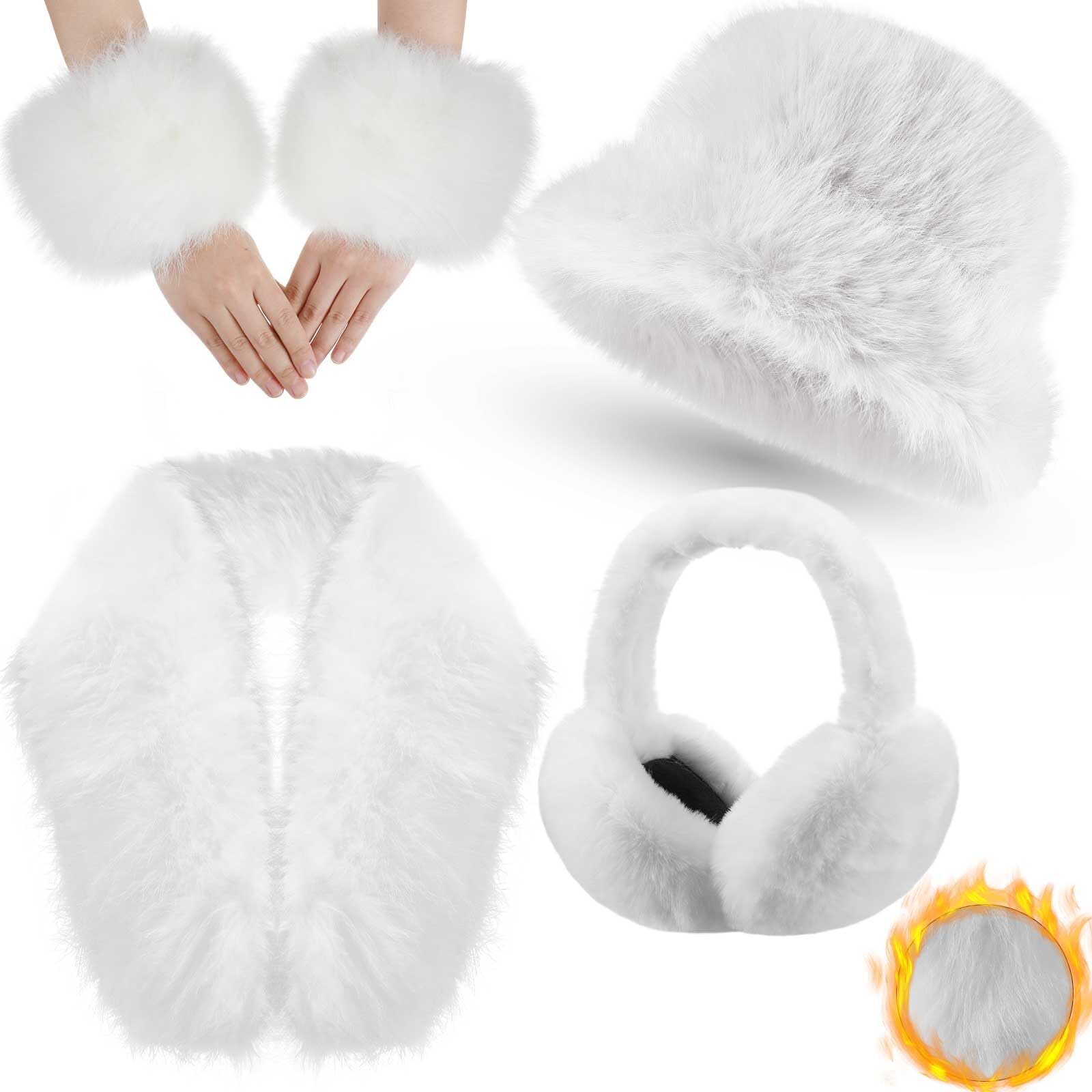 Winter Faux Fur Collar Scarf Wrap Winter Fuzzy Bucket Hat Ear Muffs 3658